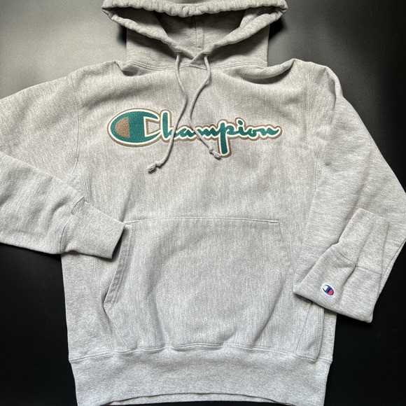 Champion Reverse Weave hoodie gray, green Life sweatshirt Vintage 90s Sz Small - Picture 1 of 5